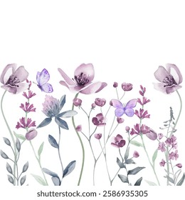 Floral seamless border with abstract delicate wildflowers. Isolated watercolor flower illustration for cover, background, invitation or greeting cards, decorative design pattern.
