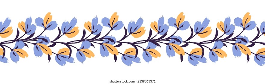 Floral seamless border. Background with bouquet flower branch brush strokes. Border frame made of flowers. Seamless pattern. Vector illustration