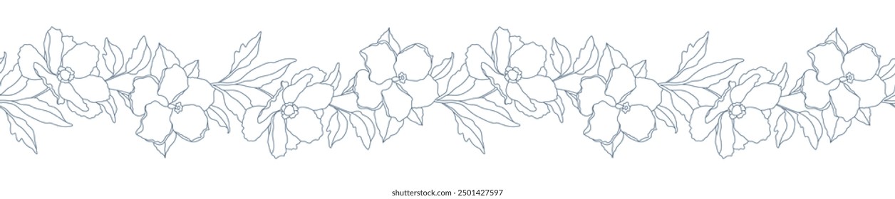 Floral seamless border with branches, flowers and leaves. Hand drawn botanical pattern in line art style, beautiful blooming flower garland, vine. Vector illustration