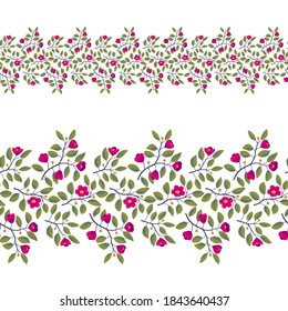 Blumennahtlose Grenze, Äste mit Blättern und helle magentafarbene Blumen auf Weiß. Vektorgrafik, Design für Poster, Banner, Einladung, Buch, Mode Stoff, Umhüllung.