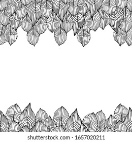 Blumennahtlose Grenze mit Ästen auf weißem Hintergrund. Ornament mit tropischen Blättern. Eine Vektorillustration für Tapeten, Poster, Karten, Gewebe, Textilien. Doodle-Stil. Kopiert Platz.