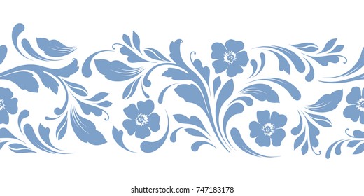 Floral seamless border. Decorative swirls and flowers pattern. Design for frames, tape, ribbon.