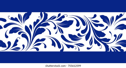 Floral seamless border. Decorative swirls and flowers pattern. Design for frames, tape, ribbon.