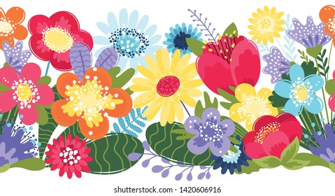 Floral seamless border. Flat funny flowers pattern on white background. Design for frames, tape, ribbon. EPS 8.