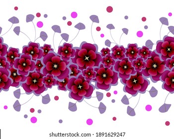 Floral seamless border from flowers and leaves of purple and lilac color on white background. Vector illustration for decorating banner, postcard, invitation, congratulations on Valentine's Day.