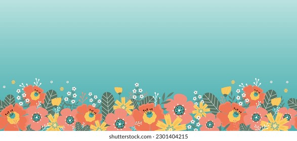 Floral seamless border. Flowers and leaves on blue background.