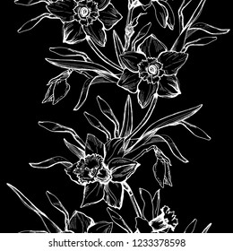 Floral seamless border with hand drawn flowers Daffodils, Monochrome botanical elements on black background. For create  textile, fabric, wallpaper, packaging. greeting card design. 