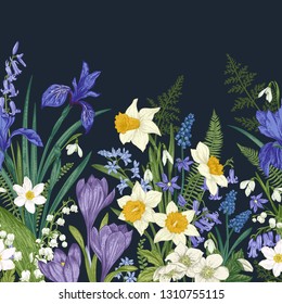 Floral seamless border. Meadow and garden flowers on a dark background. Vectrical illustration. Colorful.