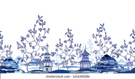 Floral seamless border on blue background. Vintage ink chinese pagodas, mountains, trees in chinoiserie style for fabric, interior design. Hand drawn landscape vector seamless pattern.
