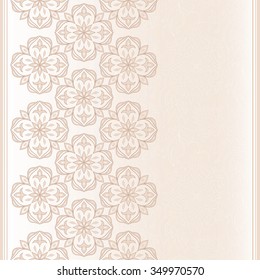 Floral seamless border on light beige. Ornate element for design and place for text. Ornamental lace pattern for wedding invitations and greeting cards. Traditional floral decor.