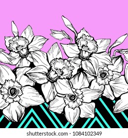 Floral seamless border painting with hand drown Narcissus. Vector illustration on bright geometric background. Postcard, wallpaper, textile, fabrics, fashion design.