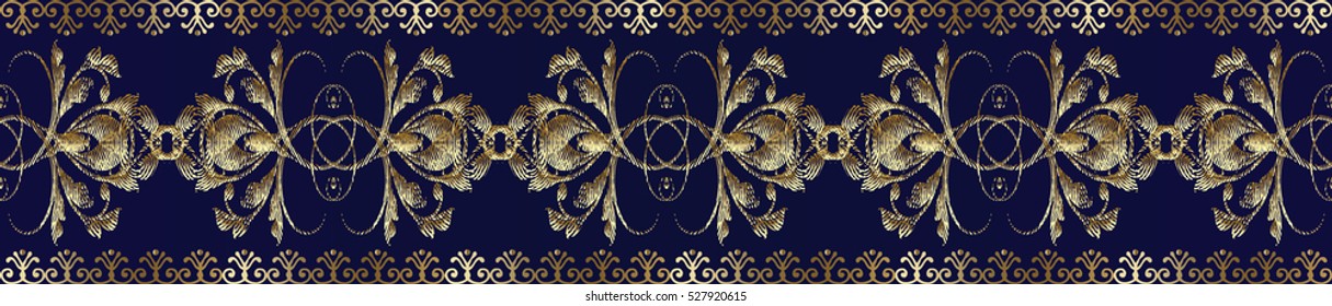 Floral seamless border pattern. Damask baroque vector background wallpaper illustration with 3d gold  vintage decorative flowers leaves and ornaments. Floral grunge border with effect of embroidery.