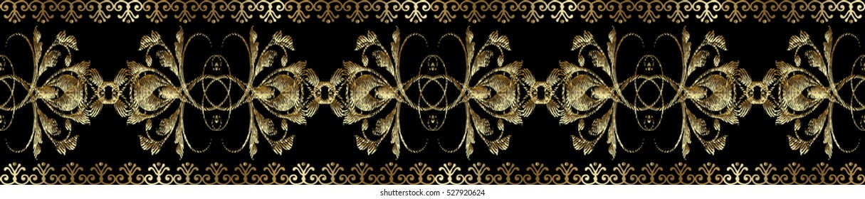 Floral seamless border pattern. Damask baroque vector background wallpaper illustration with 3d gold  vintage decorative flowers leaves and ornaments. Floral  grunge border with effect of embroidery.