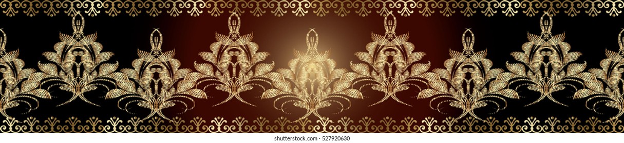 Floral seamless border pattern. Damask baroque vector background wallpaper illustration with 3d gold  vintage decorative flowers leaves and ornaments. Floral grunge texture with effect of embroidery.