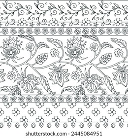 Floral seamless border pattern with indian trailing flowers motifs. Persian boho chic repeat background. Tribal monochrome textile print.