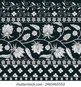 Floral seamless border pattern with indian trailing flowers motifs. Persian boho chic repeat background. Tribal monochrome textile print.