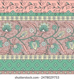 Patrón de borde sin costuras florales con motivos de flores de cola india. Fondo de repetición boho chic terroso persa. Estampado textil neutro tribal.