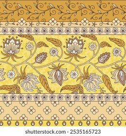 Floral seamless border pattern with indian trailing flowers motifs. Persian earthy boho chic repeat background. Tribal neutral textile print.