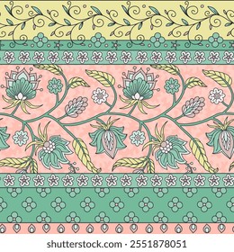 Floral seamless border pattern with indian trailing flowers motifs. Persian earthy boho chic repeat background. Tribal neutral textile print.