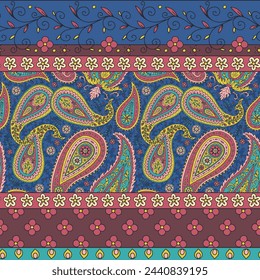 Patrón de borde sin costuras floral con motivos paisley. Fondo de repetición boho chic persa. Estampado textil tribal.