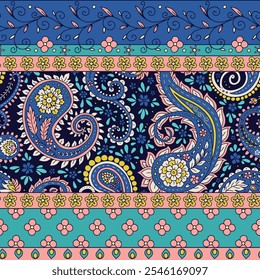 Floral seamless border pattern with paisley motifs. Persian boho chic repeat background. Tribal textile print.