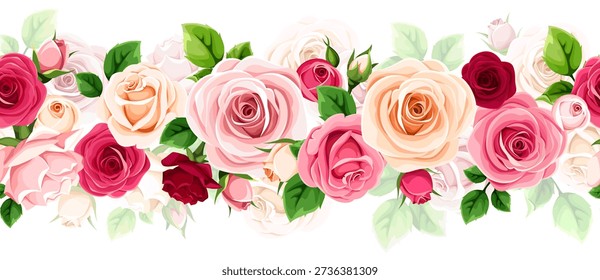 Floral seamless border with red, pink, and white rose flowers and green leaves. Vector horizontal seamless garland. Hand-drawn illustration, not AI