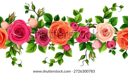 Floral seamless border with red, pink, and orange roses and green leaves. Rose flowers vine. Vector seamless floral garland. Hand-drawn illustration, not AI