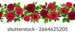 Floral seamless border with red rose flowers and green leaves. Vector seamless floral garland. Hand-drawn illustration, not AI