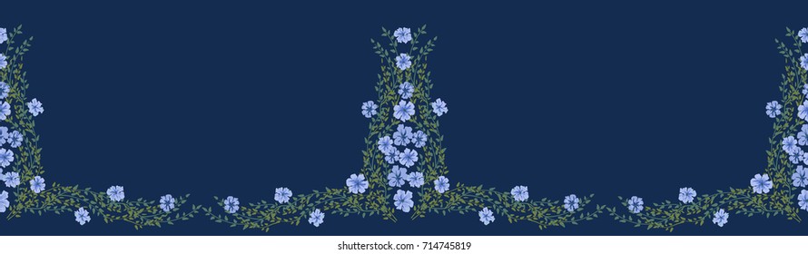 Floral seamless border in small pretty flowers. Liberty style millefleurs. Floral background for textile, wallpaper, pattern fills, covers, surface, print, wrap, scrapbooking, decoupage.