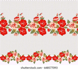 Floral seamless border of small wild charming flowers. Floral cute background for textile, wallpaper, pattern fills, covers, surface, print, gift wrap, scrapbooking, decoupage. Satin print.