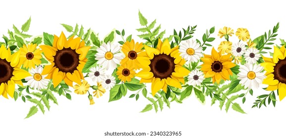 Floral seamless border with sunflowers, daisy flowers, and fern. Vector horizontal seamless garland