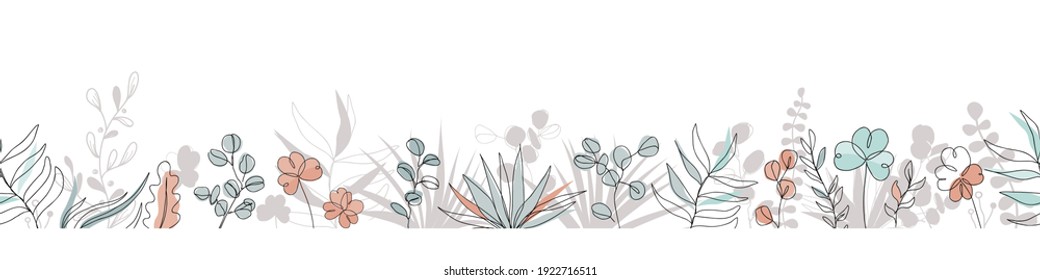 Floral seamless border in trendy continuous line drawing style and pastel colors. Plants and leaves frame background. Vector illustration.
