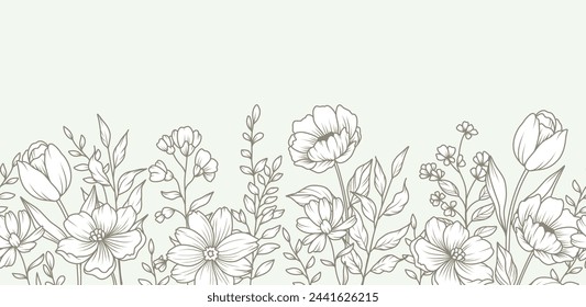 Floral seamless border with various meadow greenery and flowers. Hand drawn botanical pattern with foliage in line art style for wedding invitation, wall art and greeting card. Vector illustration