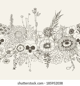 Floral Seamless Border. Vector Hand Drawn Illustration.