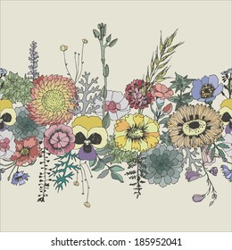 Floral seamless border. Vector hand drawn illustration.