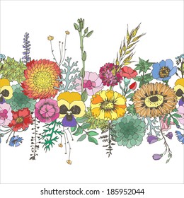 Floral seamless border. Vector hand drawn illustration.
