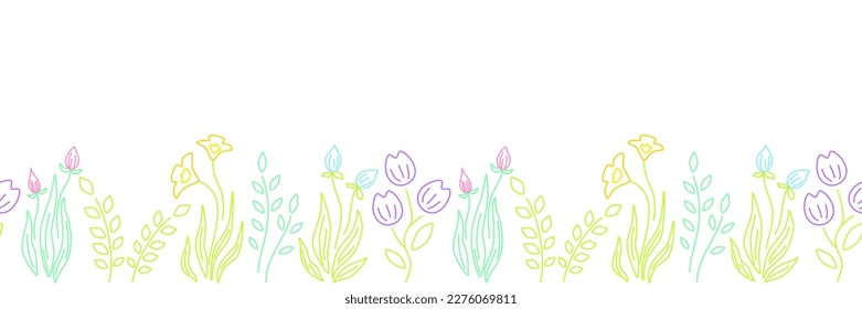 Floral seamless border with vines, tulips, bell flowers on white background. Cute multicolor horizontal border for gretting card, Easter, Mother's day, birthday or other event. Vector illustration.