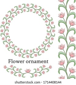 Floral seamless border. Vintage ornament with flowers and leaves. Spring garland. Floral pattern for your design