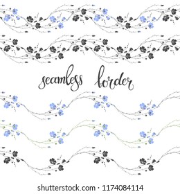 Floral seamless borders of flax plant with flowers and buds on a white background.  Five different variants.