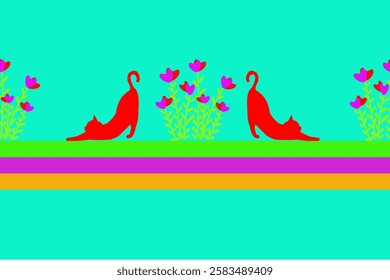Floral, seamless, cat pattern, invitation card, backdrop, stage background, weaving, woven, embroidery, painting, colorful, wall, office wall, clothing design, furniture, graphic design, interior