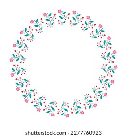 Marco de círculo sin soldadura floral. Vector de corona. Marco decorativo para la impresión de diseño, postal, folleto, volante, banner. Una corona con bayas y flores aisladas en un fondo blanco.
