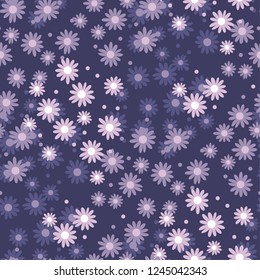 Floral seamless color pattern. Blooming flowers vintage texture. Violet blossoming chamomiles. Purple soft background. Decorative natural textile, wallpaper, wrapping paper vector fill