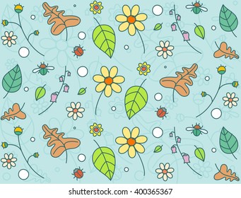 Floral seamless colored background pattern with flowers, leaves and bugs. Vector illustration in doodle style. 