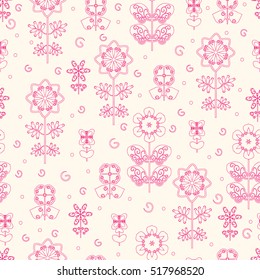 Floral seamless contour pattern in doodle style. For fabric, wallpaper, gift wrap. All elements are not cropped and hidden under mask 