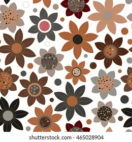 Floral seamless cute pattern simple design. Primitive flowers seamless ornament. Brown flowers on white background. Vector illustration