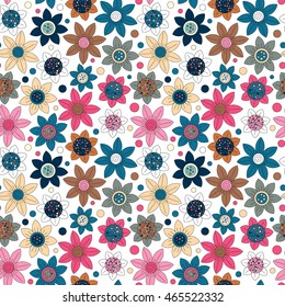 Floral seamless cute pattern simple design. Primitive flowers seamless ornament. Bright trendy colors flowers on white background. Vector illustration