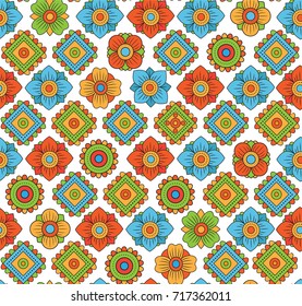 Floral seamless cute pattern simple design. Primitive flowers seamless ornament. Bright trendy colors flowers on white background. illustration