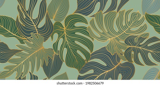 Patrón decorativo floral sin fisuras con hojas y flores tropicales. Fondo natural exuberante. Florecer textura de jardín ornamental con hojas de palma de arte lineal