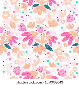 Floral seamless doodle hand-drawn pattern with leaves, flowers and dots