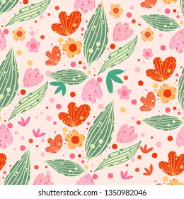 Floral seamless doodle hand-drawn pattern with leaves, flowers and dots